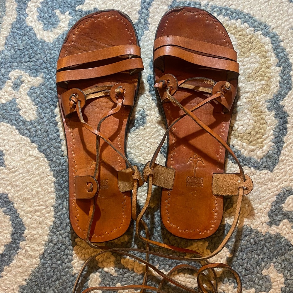 Calpas Real Leather Lace-Up Sandals